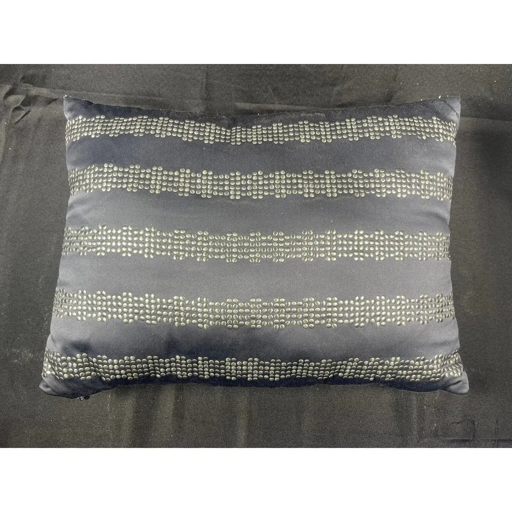 DKNY Black Studded Lumbar Accent Pillow Silver Metallic Striped Decorative 15x10